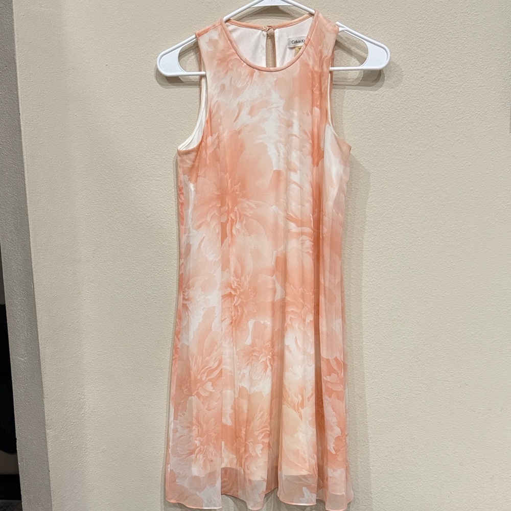 Calvin Klein Peach Floral Midi Dress With Slip Under Dress Size 2